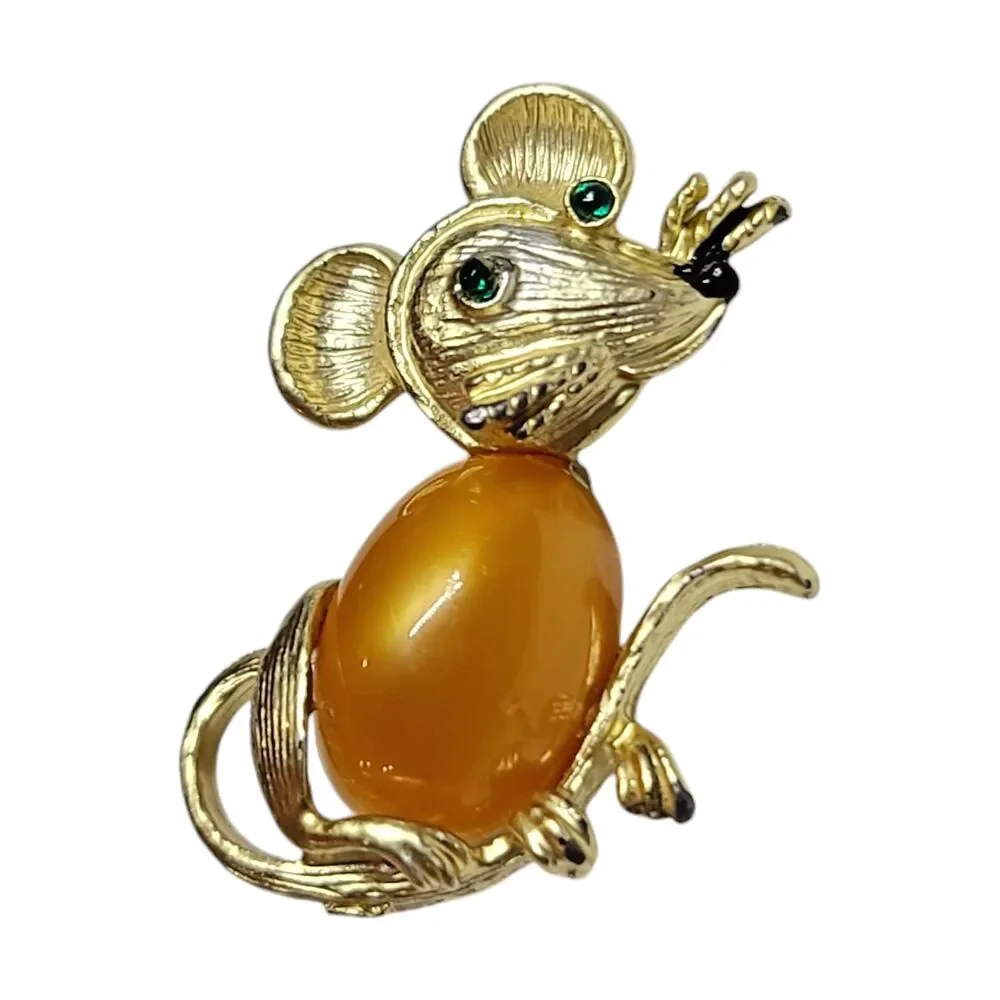 Vintage Mouse Orange Jelly Belly Green Rhinestone Eyes Gold Tone Brooch Pin